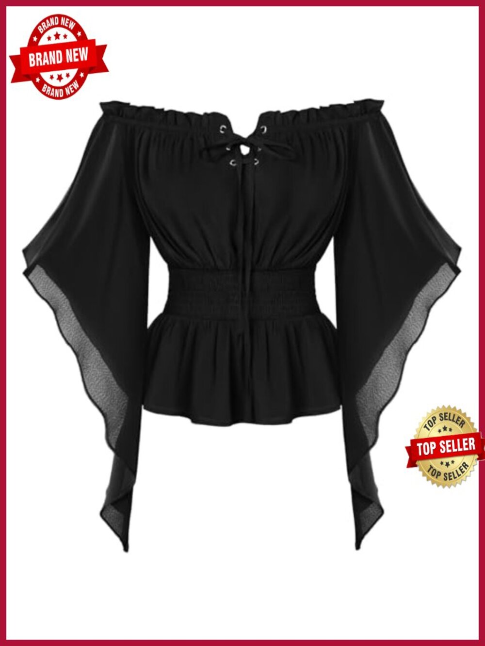 Off Shoulder Bell Sleeve Smocked Waist Renaissance Blouse